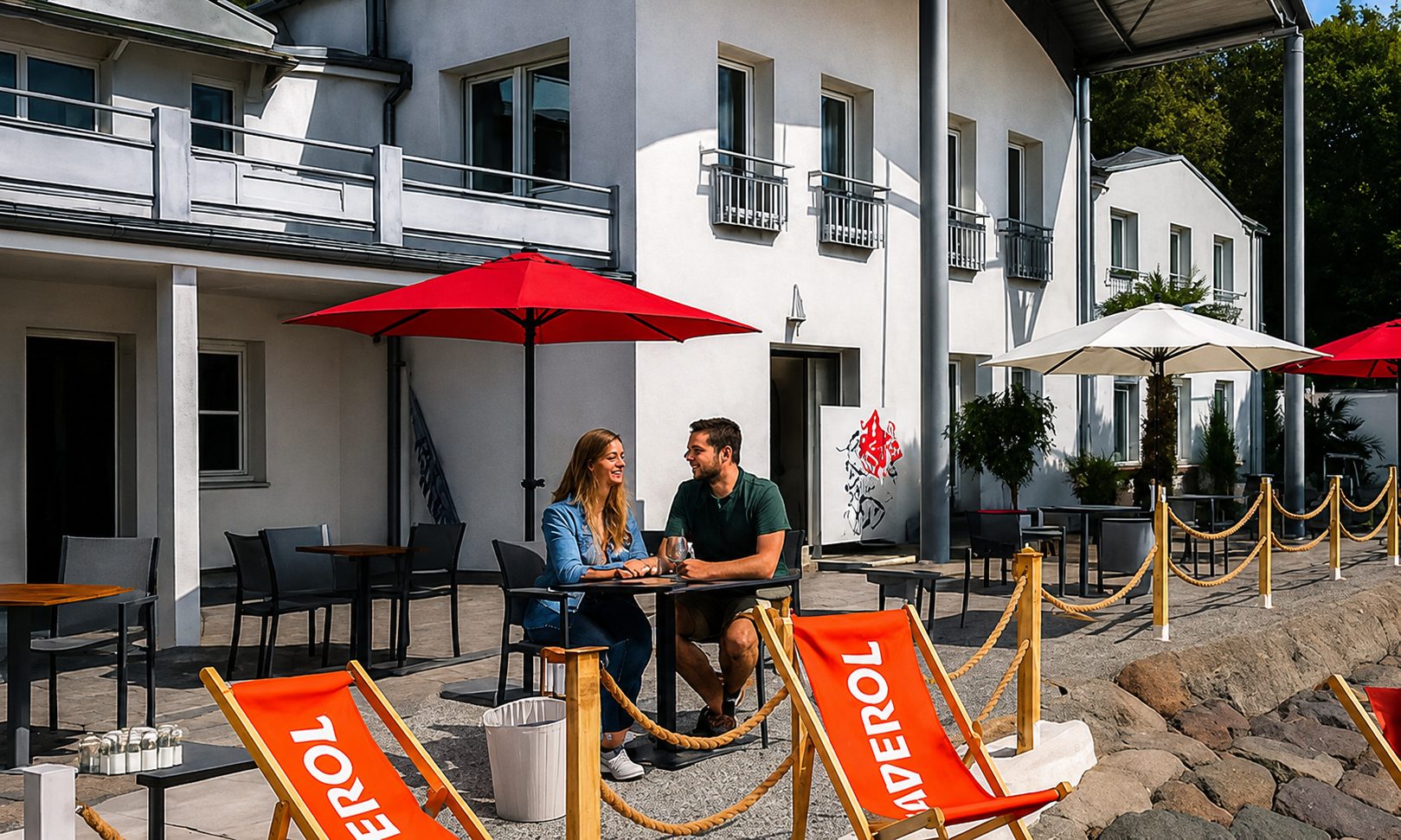 Gäste stoßen auf der Terrasse am Yachthafen an