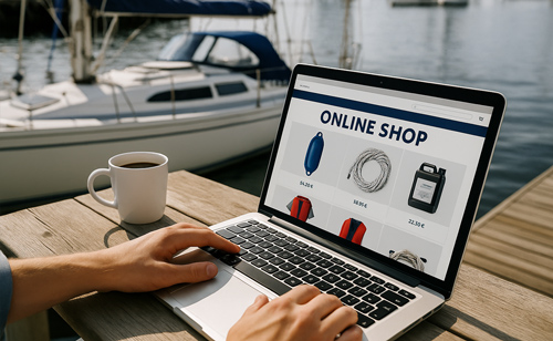 Online-Shop für Bootszubehör auf dem Laptop am Steg