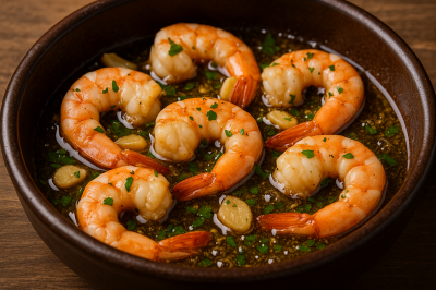 Scampi in Knoblauch-Olivenöl auf einem Teller
