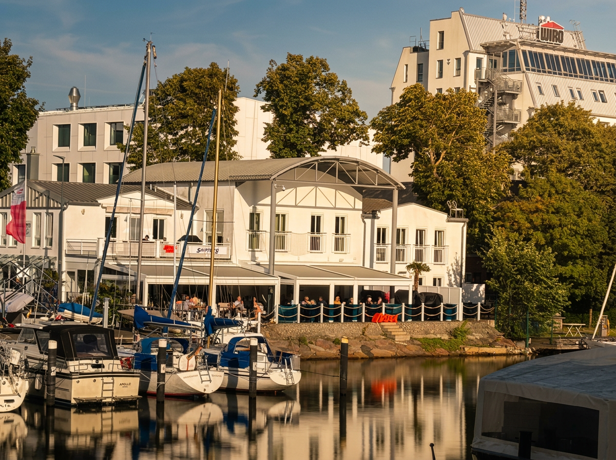 Skipper's Bistro am Yachthafen Mittelmole: Terrasse, Segelboote und ruhiges Wasser im Abendlicht